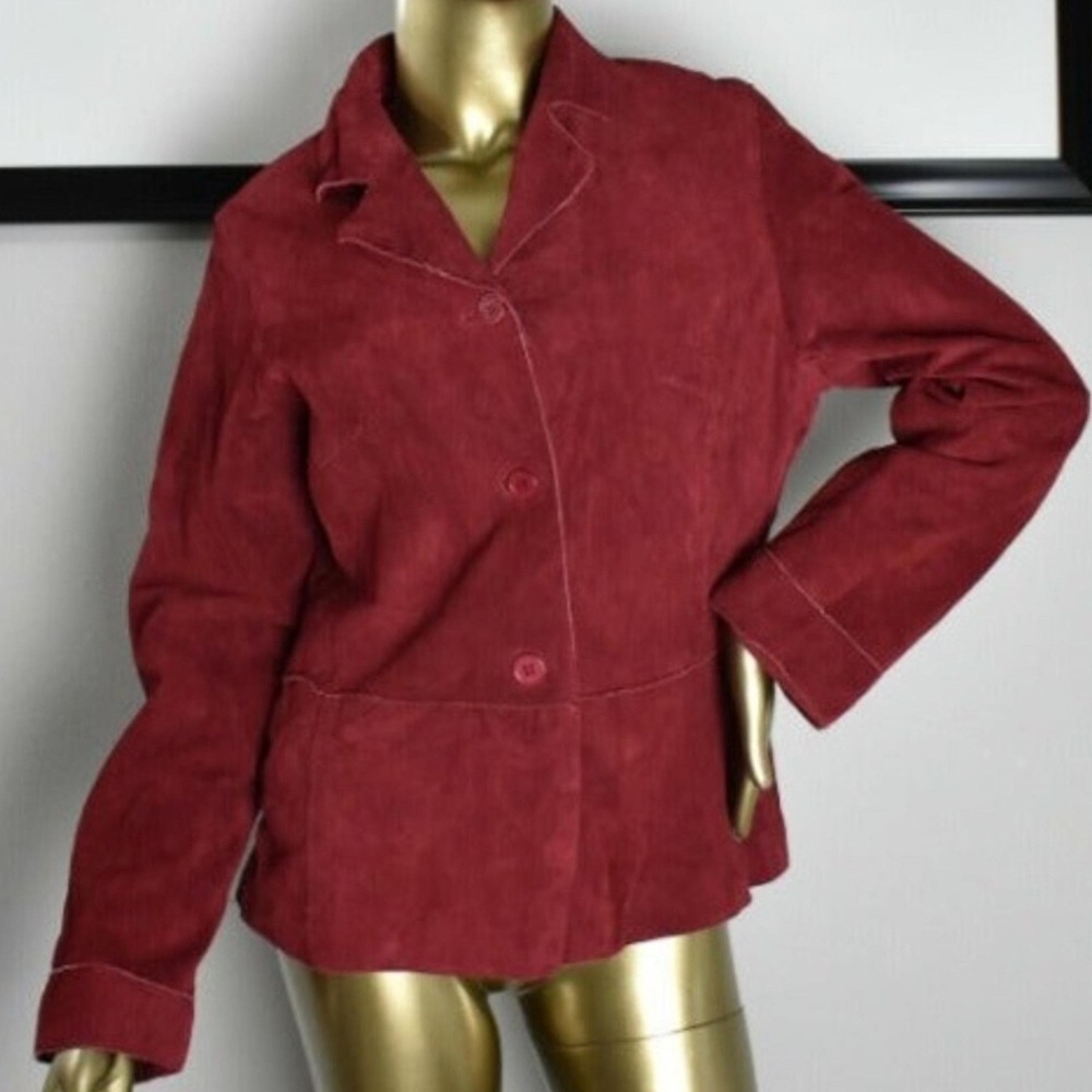 Brandon Thomas Burgundy Red Suede Leather Jacket Blazer Womens Large 3 Button